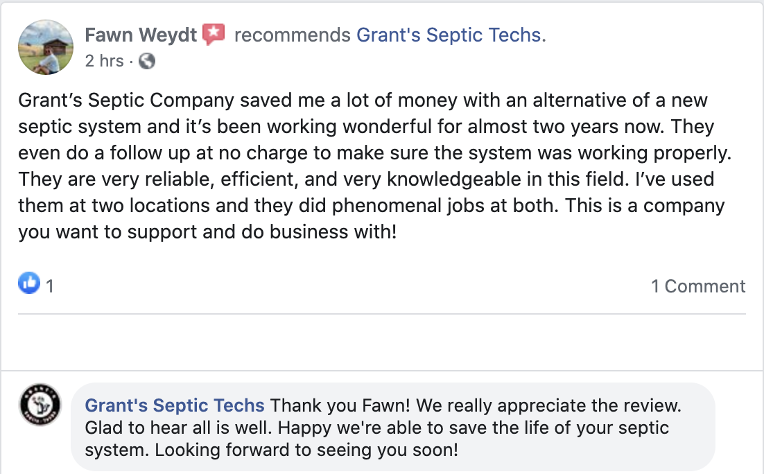 Grant' Septic Techs review by Fawn Weydt