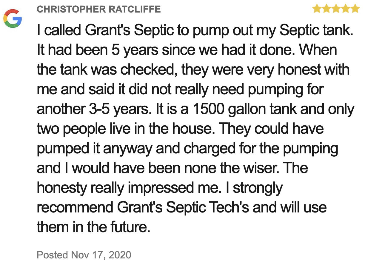 Review by Christopher Ratcliffe for Grant's Septic Techs