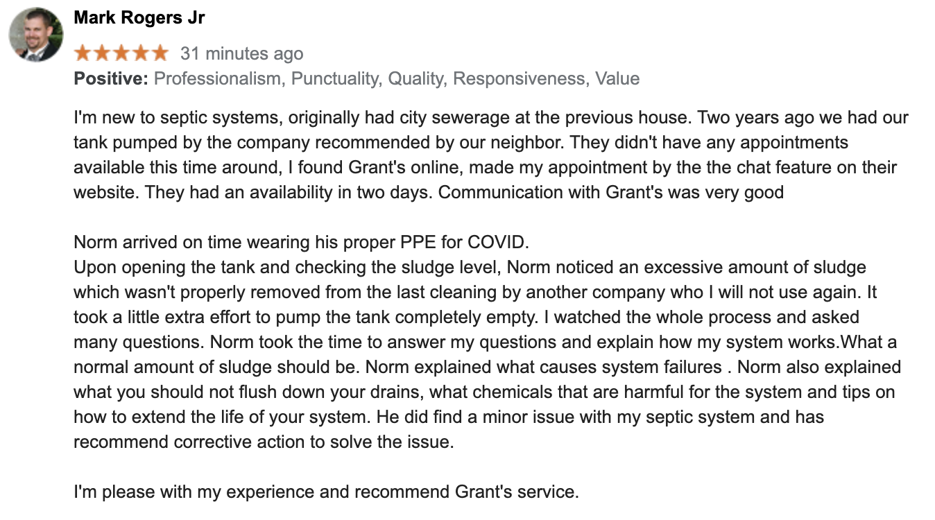 Review by Mark Rogers for Grant's Septic Techs
