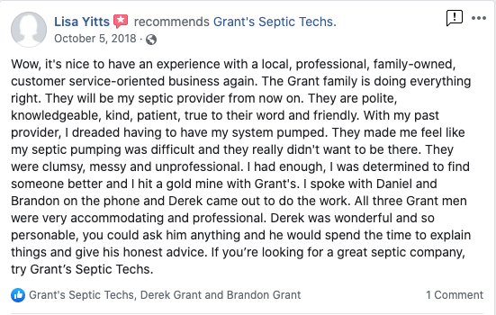 Grant's Septic Techs reviews by Lisa Yitts