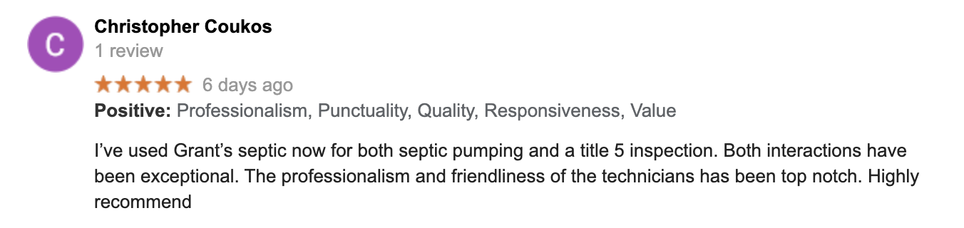 Grant's Septic Techs review by Chirs Coukos