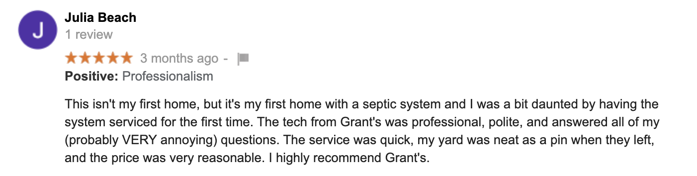 Grant's Septic Techs review by Julia Beach