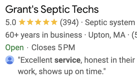 Grants Septic Techs Google Reviews 9/16/24